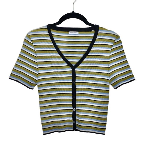 Rainbow Boutique Tops - Stripe Button Down/Up Short Sleeve V-Neck Crop Top